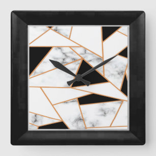 Witte marmer Geometric in goud, zwart Vierkante Klok