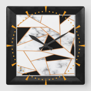 Witte marmer Geometric in goud, zwart Vierkante Klok
