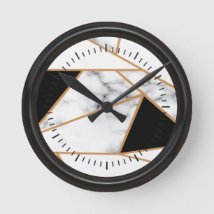 Witte marmer Geometric in goud, zwarte Ronde Klok