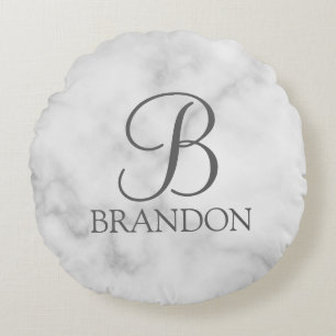 Witte Marmer Gepersonaliseerd Manuscript Monogram  Rond Kussen