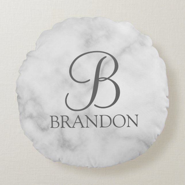 Witte Marmer Gepersonaliseerd Manuscript Monogram  Rond Kussen (Voorkant)