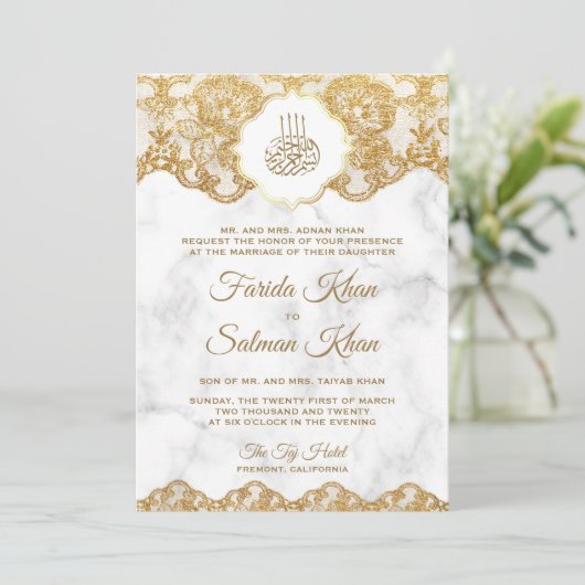 Witte marmer Gold Foil Lace Islamic Muslim Weduwen Kaart (Staand voorkant)