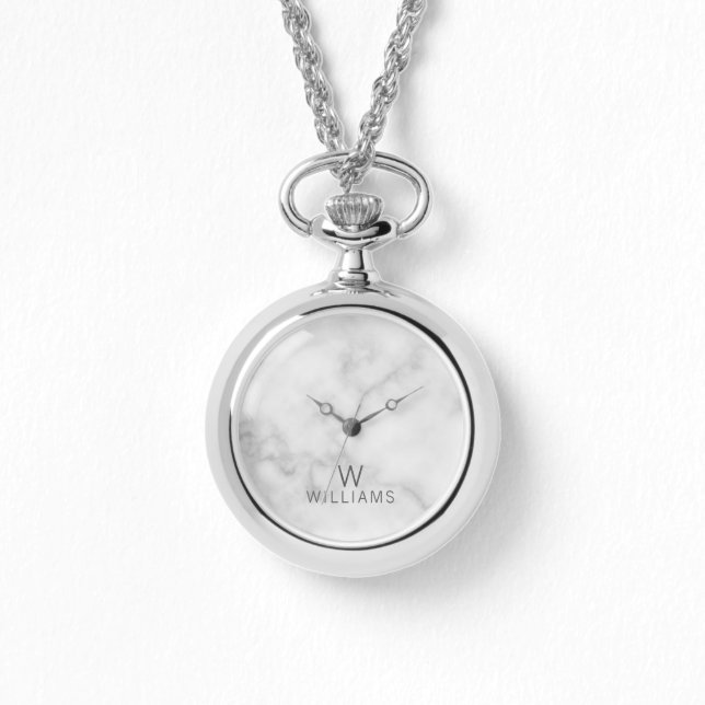 Witte marmer met gepersonaliseerd monogram en naam horloge (Voorkant)