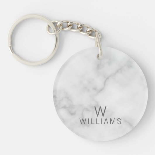 Witte marmer met gepersonaliseerd monogram en naam sleutelhanger (Voorkant)