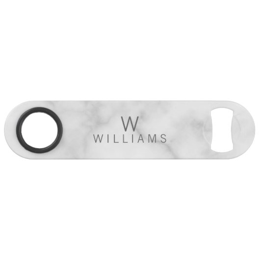 Witte marmer met gepersonaliseerd monogram en naam speed flessenopener (Voorkant (Horizontaal))
