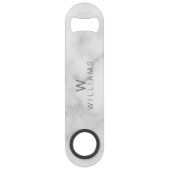 Witte marmer met gepersonaliseerd monogram en naam speed flessenopener (Voorkant)