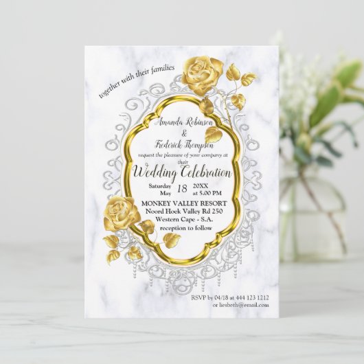 Witte marmer met gouden decor-uitnodiging kaart (Staand voorkant)