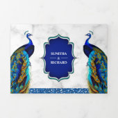 Witte Marmeren Blauwe Indische Peacock Bruiloft Drieluik Uitnodiging (Cover)