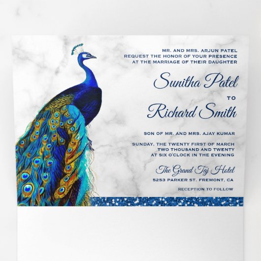 Witte Marmeren Blauwe Indische Peacock Bruiloft Drieluik Uitnodiging (Binnenzijde eerst)