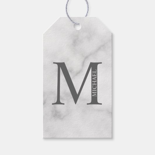 Witte marmeren gepersonaliseerde monogram en naam cadeaulabel (Voorkant)