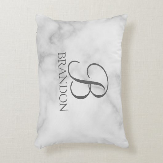 Witte marmeren gepersonaliseerde script monogram e accent kussen (Voorkant(Verticaal))