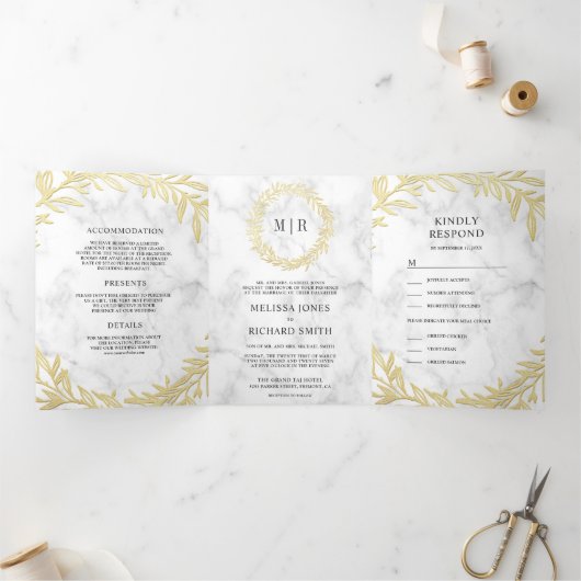 Witte Marmeren Gouden Bladtak Alles in één bruilof Drieluik Uitnodiging (Binnen)