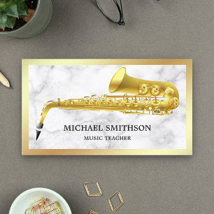 Witte Marmeren Gouden Folie Saxofoon Muziekleraar Visitekaartje