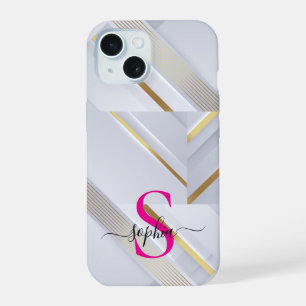 witte marmeren gouden lijnen monogram iPhone 15 hoesje