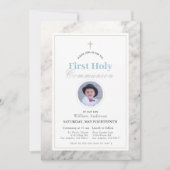 Witte marmeren jongen foto Eerste Heilige Communie Kaart (Voorkant)