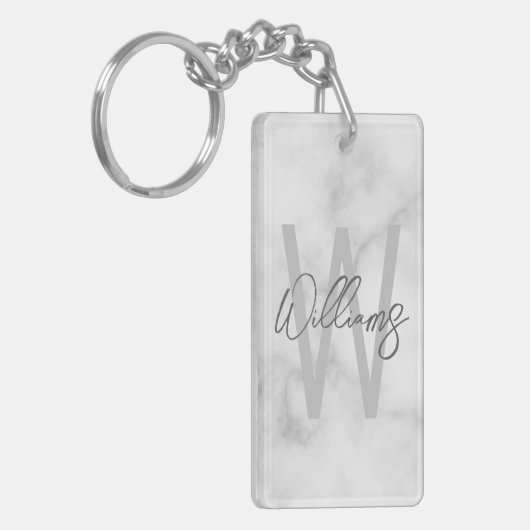 Witte marmeren script gepersonaliseerde monogram e sleutelhanger (Voorkant Links)