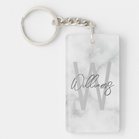Witte marmeren script gepersonaliseerde monogram e sleutelhanger (Voorkant)