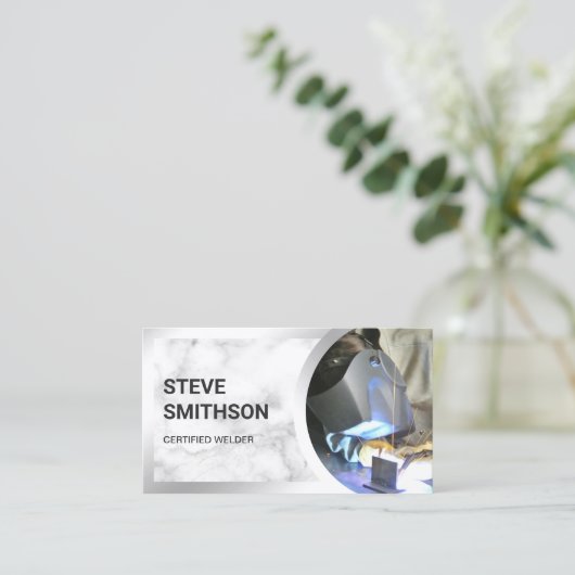 Witte Marmeren Staal Lassen Fabricator Welder Visitekaartje (Staand voorkant)