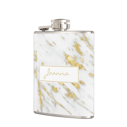 Witte marmeren stenen textuur en gouden glitter heupfles (Links)