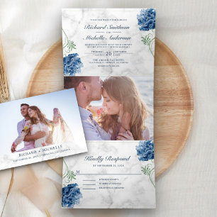 Witte Marmeren Stofblauwe Hortensia Bloemige Bruil Drieluik Uitnodiging