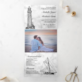 Witte Marmeren Vuurtoren Zeilboot Nautische bruilo Drieluik Uitnodiging (Binnen)