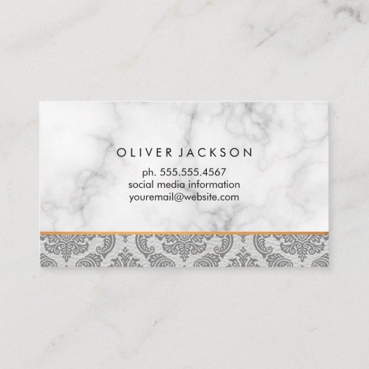 Witte marmeren witte lederen damast trim visitekaartje (Achterkant)