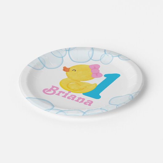 Witte Meisje Rubber Duck Gepersonaliseerde Verjaar Papieren Bordje (Gekanteld)