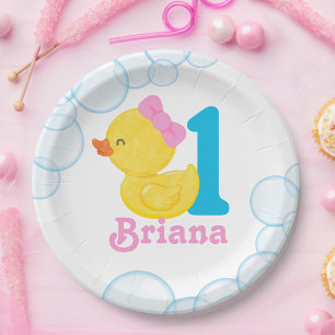 Witte Meisje Rubber Duck Gepersonaliseerde Verjaar Papieren Bordje