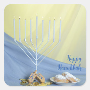 Witte Menorah Gouden Munten & Dreidels Happy Chano Vierkante Sticker