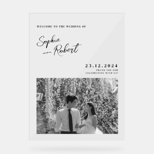 Witte minimalistische bruiloft welkom acryl bord (Voorkant)