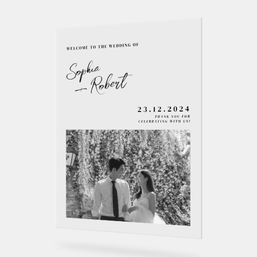 Witte minimalistische bruiloft welkom acryl bord (Hoek)