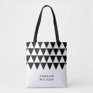 Witte minimalistische naam zwarte driehoek patroon tote bag