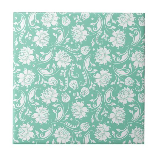 Witte & Mint-Groene  Bloemen Damasks Tegeltje (Voorkant)