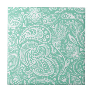 Witte & Mint-Groene  Bloemen Paisley Damasks Tegeltje