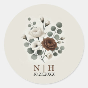 Witte Mocha Crème Moderne Bloemige Bruiloft Ronde Sticker
