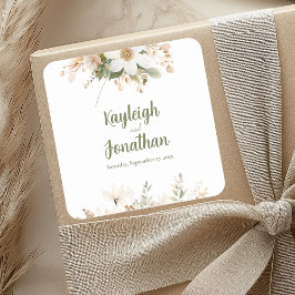 Witte Moderne Waterverf Bloemen Huwelijk Vierkante Sticker