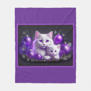 Witte moederkat en kitten Paarse kerstscène Fleece Deken