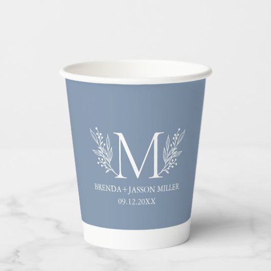 Witte monogram botanische bloem op blauw-grijs papieren bekers (Achterkant)