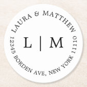 Witte Monogram Bruiloft Ronde Kartonnen Onderzetter (Voorkant)