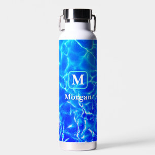 Witte monogram en naam, Blauwgroen Lijst, blauw po Waterfles
