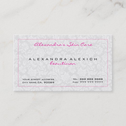 Witte Monotonen Bloemen Damasks Visitekaartje (Voorkant)