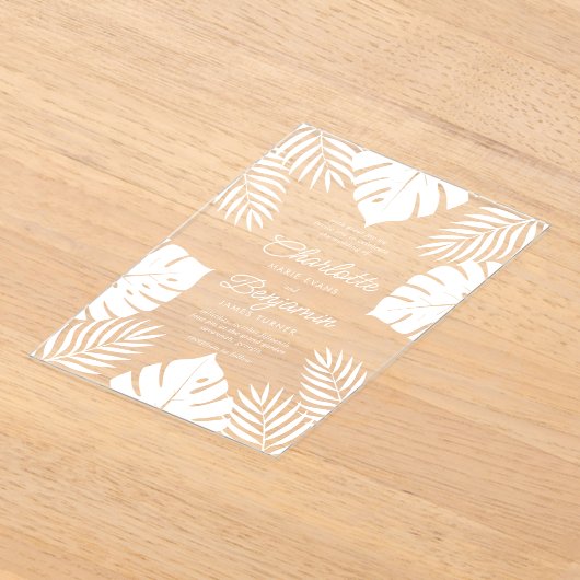 Witte Monsters Tropische bruiloft Acryl Uitnodigingen (Laagn)