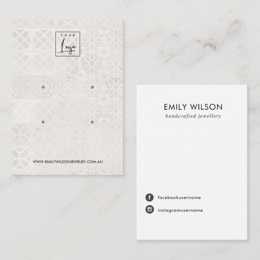 WITTE MOROCCAN TILE TEXTURE 2 STUD EARRING DISPLAY VISITEKAARTJE (Voorkant / Achterkant)