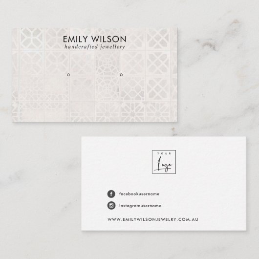 WITTE MOROCCAN TILE TEXTURE STUD EARRING DISPLAY VISITEKAARTJE (Voorkant / Achterkant)