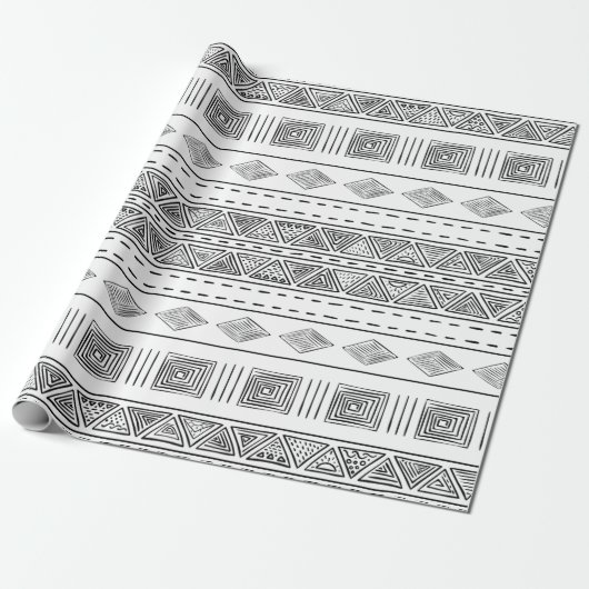 Witte Mudcloth Style Tribal Modern Geometric Cadeaupapier (Uitgerold)
