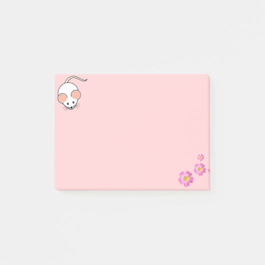 Witte muis en roze bloemen op roze post-it® notes (Voorkant)
