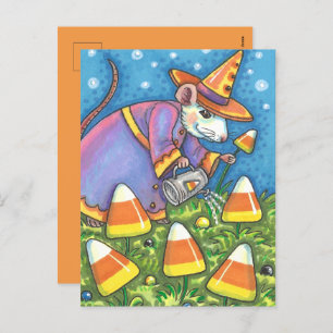 WITTE MUIS IN CANDY CORN GARDEN, KLEURRIJK EN SCHA FEESTDAGENKAART