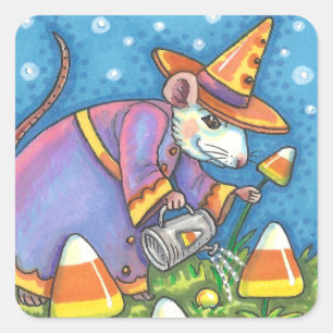 WITTE MUIS IN CANDY CORN GARDEN, KLEURRIJK EN SCHA VIERKANTE STICKER