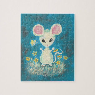 Witte muis met gele bloemen en vlinder. legpuzzel