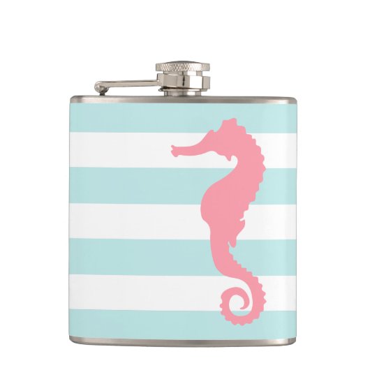 Witte Munt & Roze Brede Strepen Patroon Zeepaardje Heupfles (Voorkant)